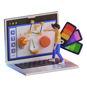 website designing services working on a laptop screen with color palettes and design tools